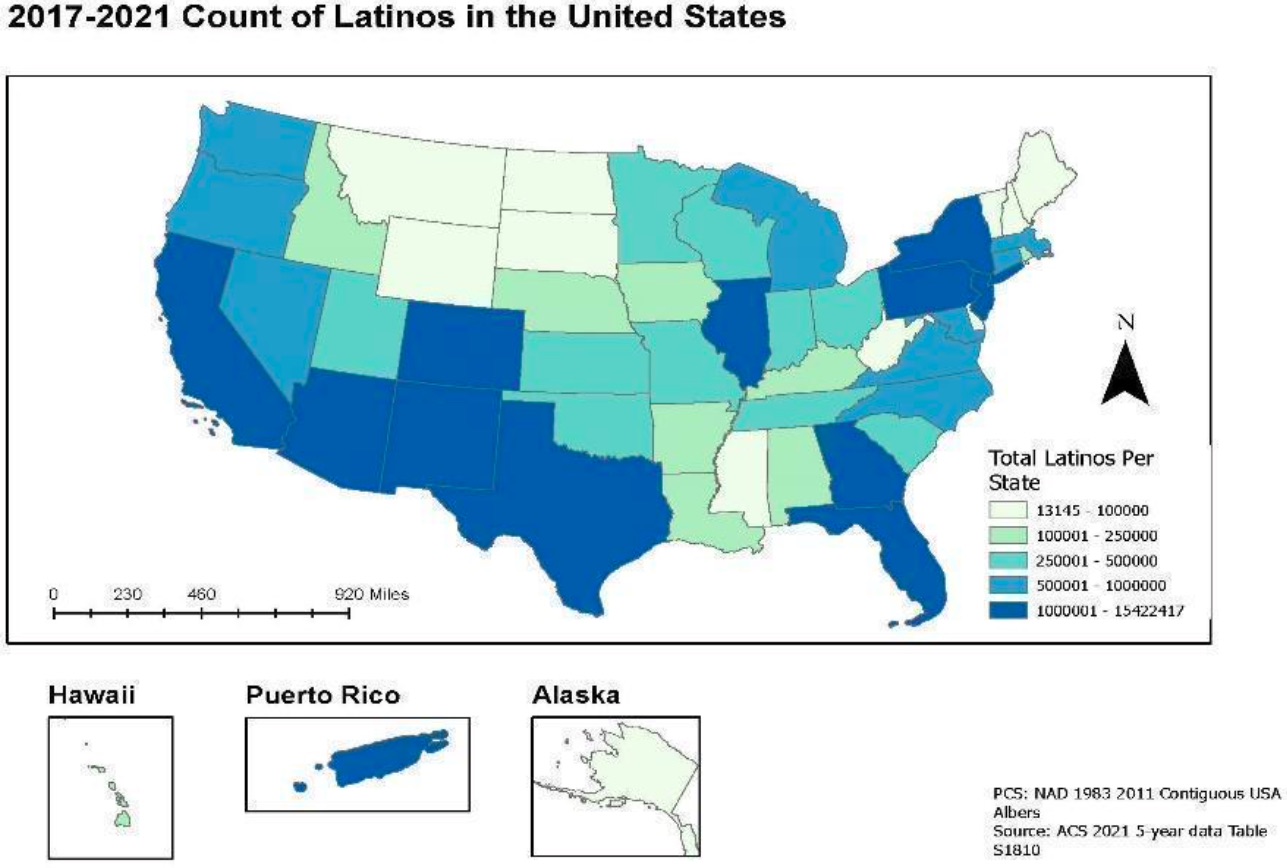 Figure 1: Map of Latino population count across the U.S. from 2017 to 2021