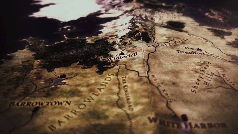 A worn, frayed map depicting Westeros, the fictional land in Game of Thrones. Image is focused on Winterfell, the home of the Stark family.
