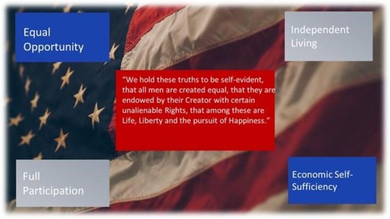 An American Flag with the words "We hold these truths to be self-evident, that all men are created equal, that they are endowed by their Creator with certain unalienable rights, that among these are Life, Liberty and the pursuit of Happiness." “Equal Opportunity, Independent Living, Full Participation, Economic Self-Sufficiency”
