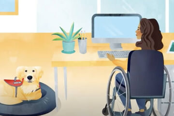 Cartoon Service Dog at workplace next to computer