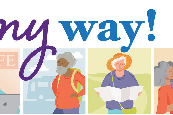Older Americans Month Logo "Age My Way!" with pictures of senior citizens in a variety of activities